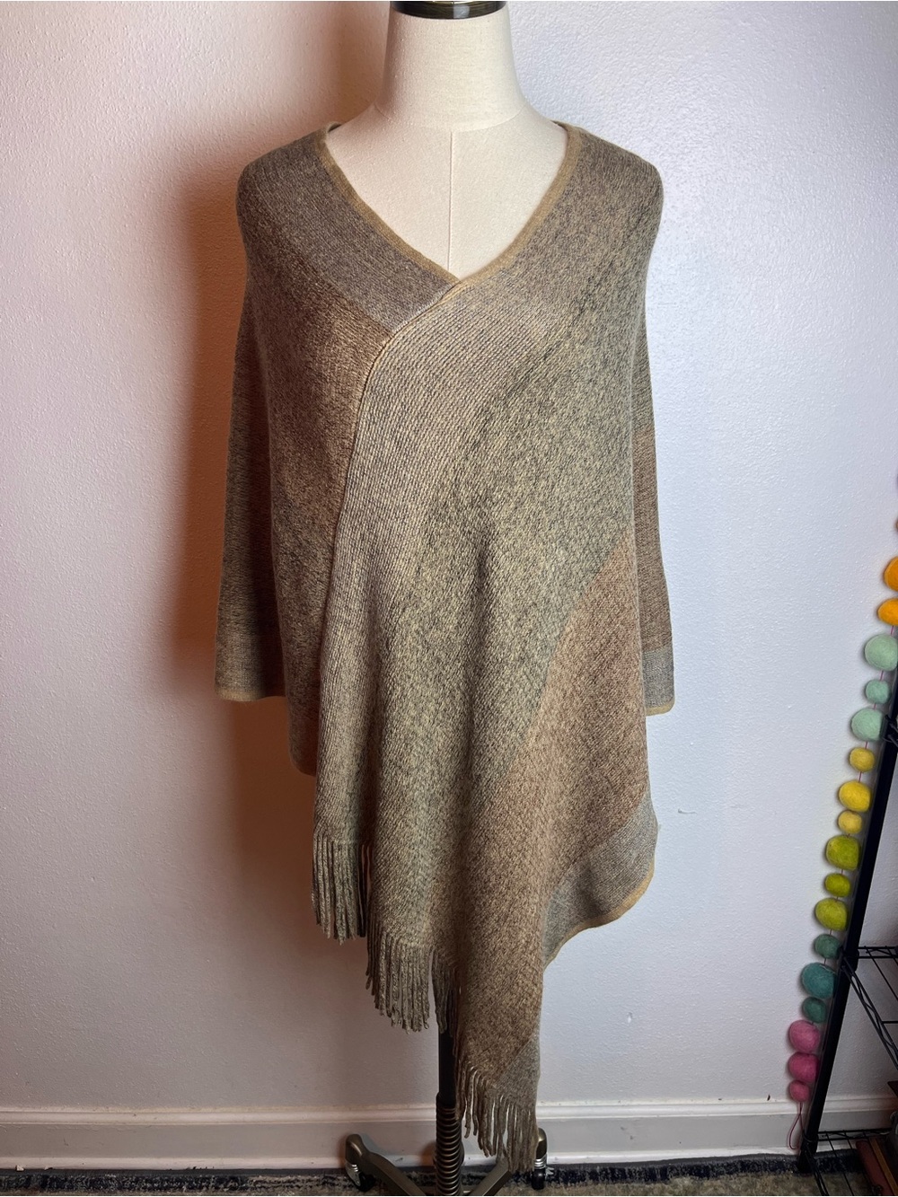 Mystree Neutral Taupe Fringe Knit Poncho